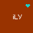 Brown background with four white 'iLY' text elements arranged in a , and three cyan pixelated symbols: a heart at top center, a starburst at top right, and a cluster of dots at center
