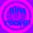 Four identical circular icons with pink concentric rings on a purple background, each displaying blue text reading 'nina rocks!!' in pixelated font.