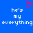 Blue background with white pixelated text reading 'he's my everything' and a red pixelated heart symbol above the left side of the text.