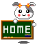 Pixel art character with gray ears and orange-yellow flower headbands holds a green chalkboard displaying 'HOME' in white block letters.