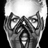 Black-and-white pixelated image of a stylized human face with exaggerated features and high-contrast shading, appearing as a static buddy icon.