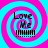 Four identical spiral-patterned icons with 'Love Me' text and vertical bars, arranged in a on cyan background