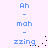 Blue text on light purple background cycles through 'Ah', '-', 'mah', '-', 'zzing' with brown pixel clusters appearing and disappearing near the bottom right of each frame.