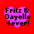 Four identical pink heart-shaped icons with black text reading "Fritz & Dayelle 4ever!" on a solid red background.