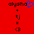 Red background displays two identical text-based buddy icons with black pixelated text and symbols, one featuring a blue heart symbol replacing the 'o' in 'alysha'.