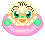 Pixelated cartoon character with green eyes, orange beak, and pink floatation ring; four variations show subtle eye and mouth changes.