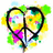 A heart-shaped peace sign icon with vibrant splatter colors and a black outline, displayed in three views showing slight variations.