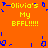 Pixelated orange background with yellow and blue text repeating "Olivia's My BFFL!!!!!" in four corners, surrounded by scattered blue pixel shapes.
