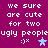 Purple background with white pixelated text reading "we sure are cute for two ugly people" and emoticons, featuring a blue star changing to purple in the second frame.