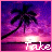 Pixelated tropical sunset scene with palm tree silhouette, purple-pink sky gradient, and glowing sun reflection on water.