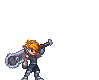Pixel art character with orange hair and dark armor performing a slash combo animation sequence, holding large silver sword-like weapon.