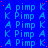 Blue background with repeated light blue text 'A pimp K' and 'K Pimp A', some letters have red dots, bottom right corner has gray rectangle.