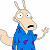 A pixelated cartoon character with long ears and a blue shirt stands next to green text on a dark background.