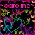 ~caroline~ with multicolored hearts and ~caroline~ text on black background; caroline in cyan within pink heart outline on black; ~caroline~ in green at bottom of white background with rainbow lines.