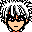 Pixelated character faces with black hair and orange accents, showing three distinct mouth expressions against a gray background.