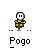 Pixel art character with white face and yellow outfit in multiple poses above "Pogo" text on gray background.