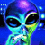 Pixelated alien face with blue-green gradient skin, large black eyes, and a small red mouth, next to white text on black background.