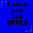 Blue background with black text reading "Laura and Lex BFFLS" repeated in six positions, each surrounded by green or blue star-shaped pixel clusters
