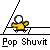 Animated sequence of a yellow-shirted figure performing a shuvit on a skateboard against a gray and white striped background with repeated text.