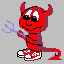 Red devil character with horns, tail, and trident in various poses on gray background.