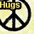 Yellow background with black peace signs and yellow text reading Hugs, not, drugs in separate sections.