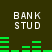 Pixelated green audio equalizer bars shift across dark background beneath repeated 'BANK STUD' text in white block letters.