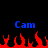 Blue 'Cam' text appears above red pixelated flames on a black background.