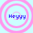 Four identical circular icons with pink concentric rings on a light blue background, each containing the text 'Heyyy' in blue pixelated font.