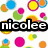Colorful circular pattern with overlapping dots in blue, yellow, green, pink, and orange on white background; two black text banners display partial names.
