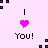 Pixel art contact sheet showing two identical frames of a pink heart icon with "I ❤️ You!" text on light purple background, surrounded by scattered black and pink squares.