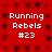 Red background with repeating black pixelated patterns and white text reading "Running Rebels #23" in four identical sections.
