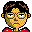 Pixel art avatar of a person with short brown hair and glasses, wearing a red shirt with white collar, showing multiple facial expressions across a