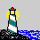Pixelated lighthouse with teal and white stripes on a rocky base, emitting yellow light beams in various directions
