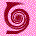 12 red spiral and letter 'P' shapes on a pink dotted background, with visible pixelation