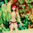 Pixelated anime-style character with red hair stands in a forested background, surrounded by green foliage and brown tree trunks, with text elements on a bright green field.