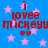 Blue background with pink stars, red text reading "i love mickeyy" and two heart symbols below the text.