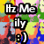 Pixelated image with bold black text 'Hz Meily :)' over a colorful, abstract background of red, yellow, green, blue, and pink shapes.