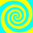 Four yellow and cyan spiral patterns arranged in a on a solid background, each with alternating color bands forming continuous swirls