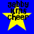 Yellow star with black text 'gabby kms cheer' on blue background, showing pixelated animation frames with varying text clarity.