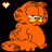 Four pixelated orange cats with yellow noses sit in a against a black background, each with distinct eye expressions and small white-and-orange hearts in the corners