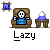 Animated pixel art contact sheet showing a skeleton character in various poses with a drink and side table, labeled "Lazy" under each frame.