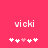 Pixelated pink background with white text 'vicki' and five heart symbols below, where the third heart is light pink in one frame.