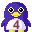 Two side-by-side pixel art penguin icons with purple bodies, yellow beaks, and white bellies displaying the number 4, differing in eye expression and wing position.