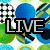 Pixelated graphic with repeating blue and green circular shapes, black-and-white checkered patterns, and bold text reading "LIVE YOUR LIFE" over a white background.