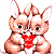 Two pixelated rabbits with brown and white fur hold a red heart against a split background of white and dark green.