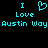 Pixelated cyan text and heart symbol on black background, repeating 'I Love Austin Way' with a heart replacing the word 'Love'.