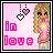 A 6-frame animated contact sheet of a pixel art buddy icon featuring a blonde girl with blue eyes, pink star shirt, and hanging hearts above her head against a light pink background.