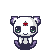 Pixel art character with white body, purple ears, green eyes, and red gem on forehead in multiple poses including winged and non-winged states.