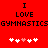 Red background with black text reading "I LOVE GYMNASTICS" and two of five pixelated hearts, one showing a pink heart in the third position