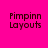 Four quadrants display 'Pimpinn Layouts' text in dark brown on solid backgrounds: top-left magenta, top-right salmon, bottom-left yellow, bottom-right salmon.